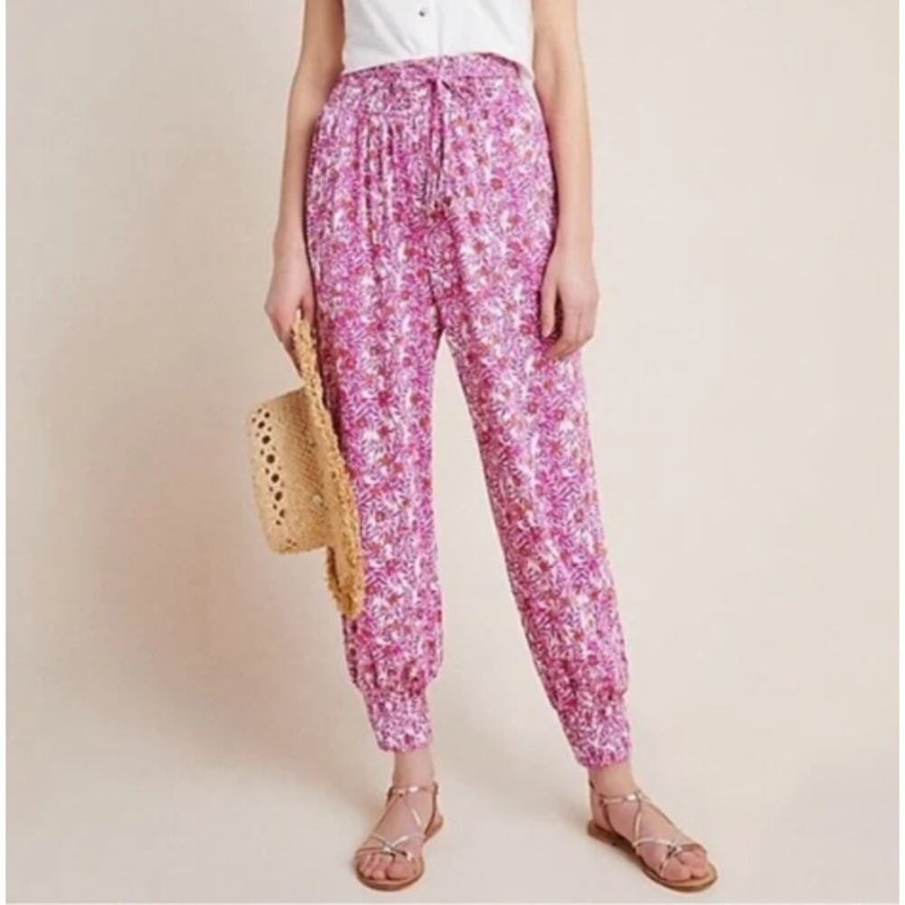 Anthropologie Abstract Floral Smocked Jogger Pants Belt Tie Pink‎ White XS